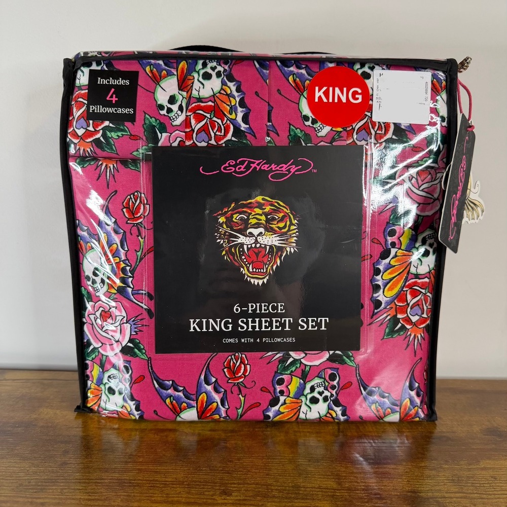 New Ed Hardy King 6 Pc Double Brushed Sheet Set Pink Butterfly Skull Bedding Y2K